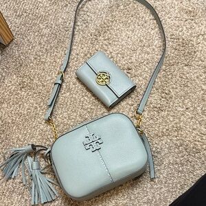 Tory Burch Pale Blue Leather Crossbody with Matching Wallet